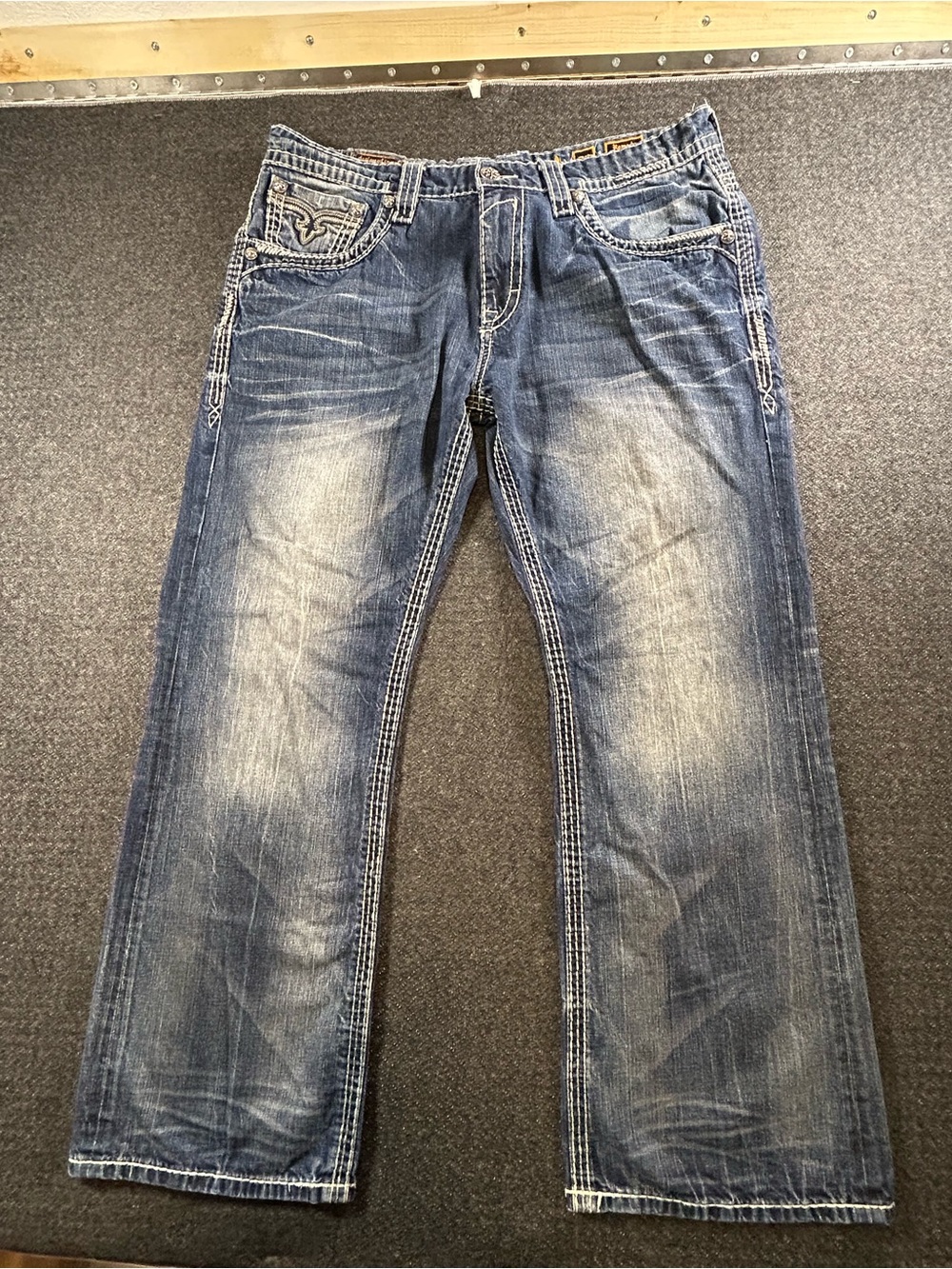 ROCK REVIVAL Jeans Men 38 Remedy Relaxed Straight Thick Stitch Dark Blue